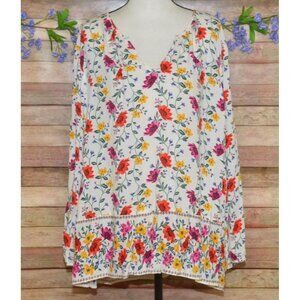 Old Navy Ladies White Floral V-Neck Pullover Tunic Blouse Top Size XXL Cottage